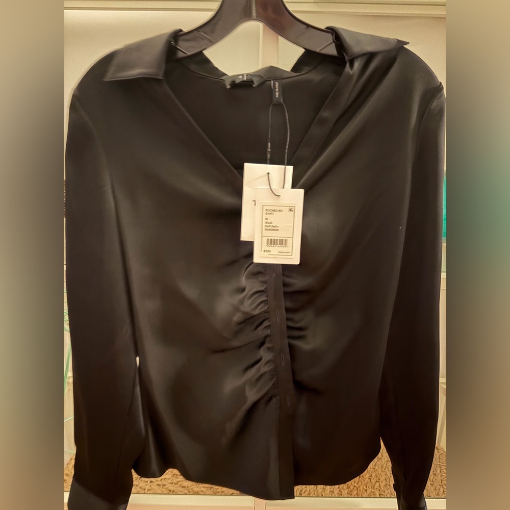 Theory Black Satin Ruched-Front Button Down Blouse
